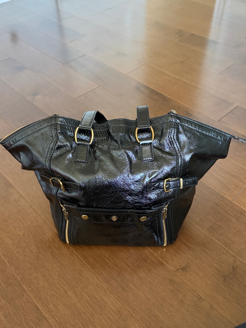 YSL Vintage Black Patent Leather Tote Bag with Gold Hardware
